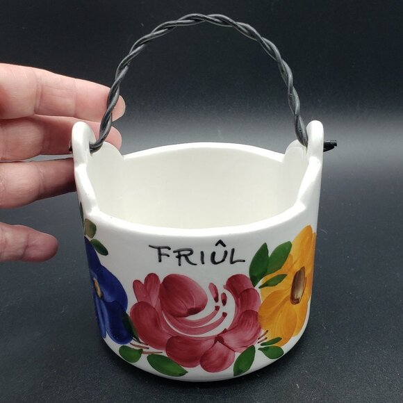 Italian Decorato A Mano Zoppola Friûl Floral Ceramic Metal Handle Basket Planter - Picture 1 of 9